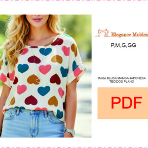 MOLDE blusa manga japonesa tecidos plano P,M,G,GG PDF tamanho real