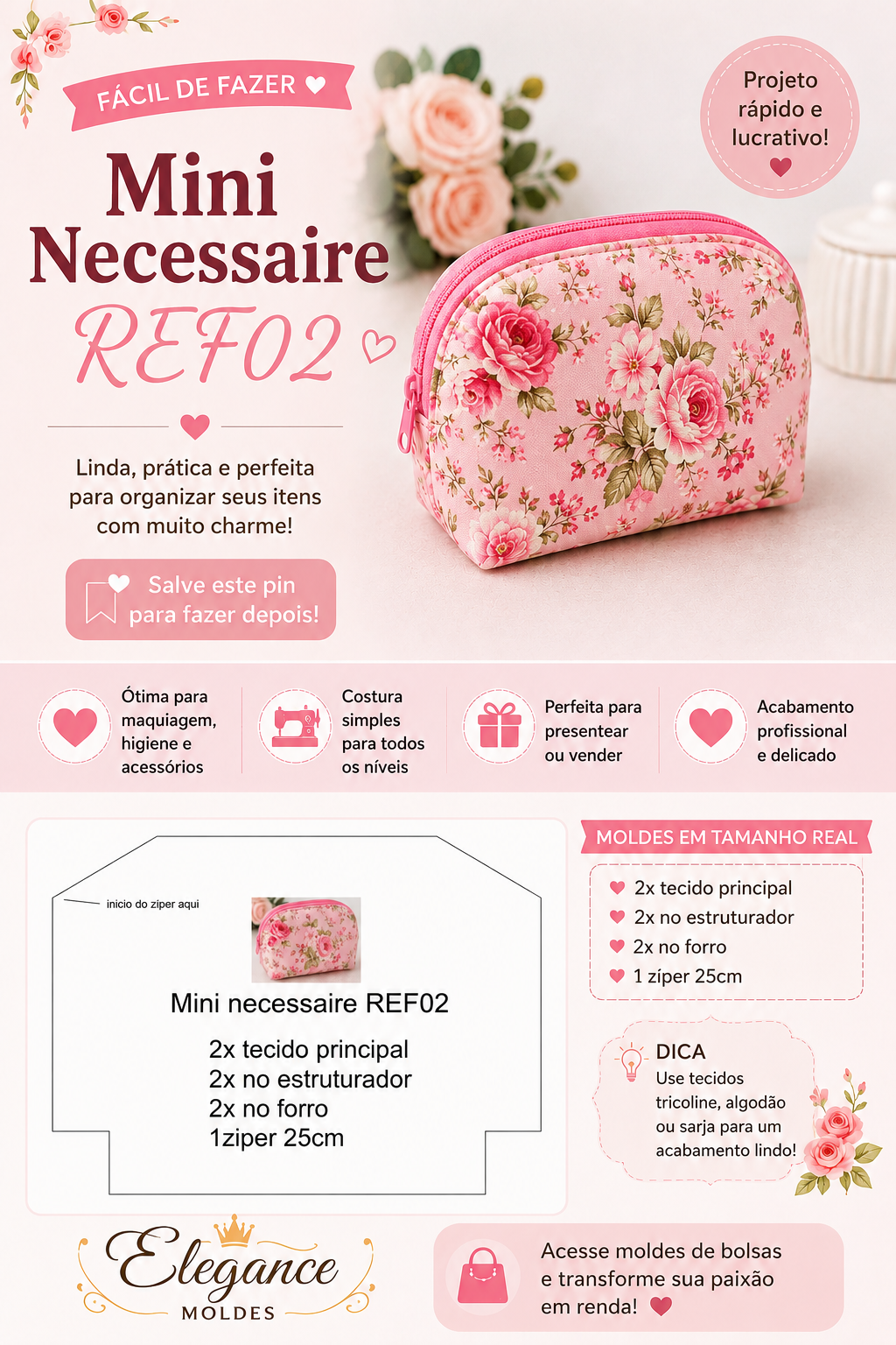 Clube dos Moldes Exclusivos Bolsas Elegance Moldes/ bolsas em PDF TAMANHO REAL - Imagem 4