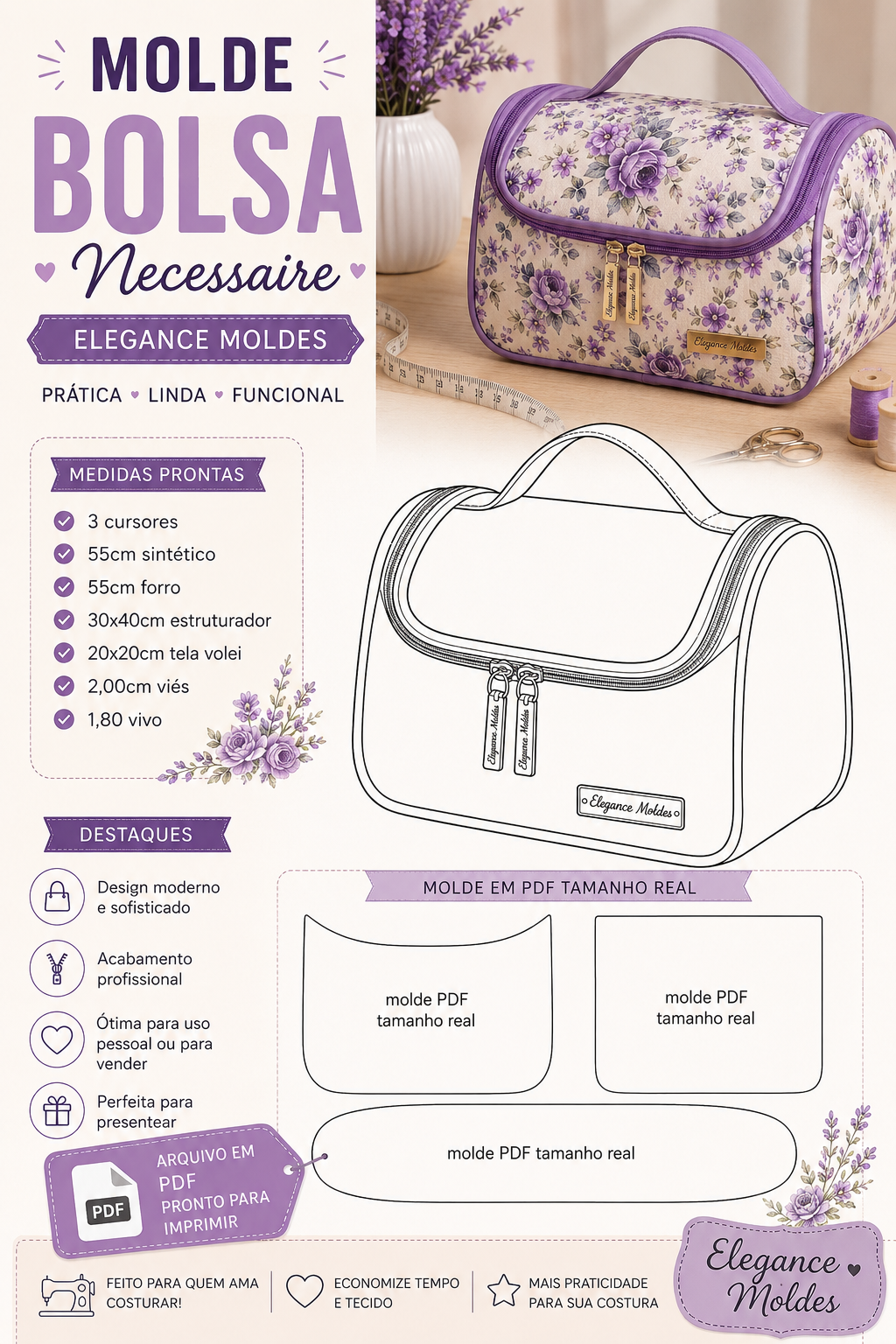 Clube dos Moldes Exclusivos Bolsas Elegance Moldes/ bolsas em PDF TAMANHO REAL - Imagem 5